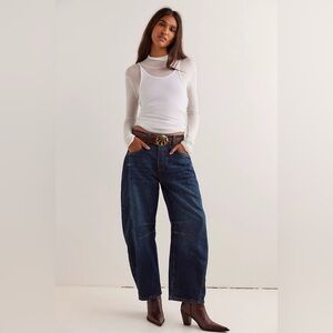 Free People We The Free Good Luck Mid-Rise Barrel Jeans in Deep End